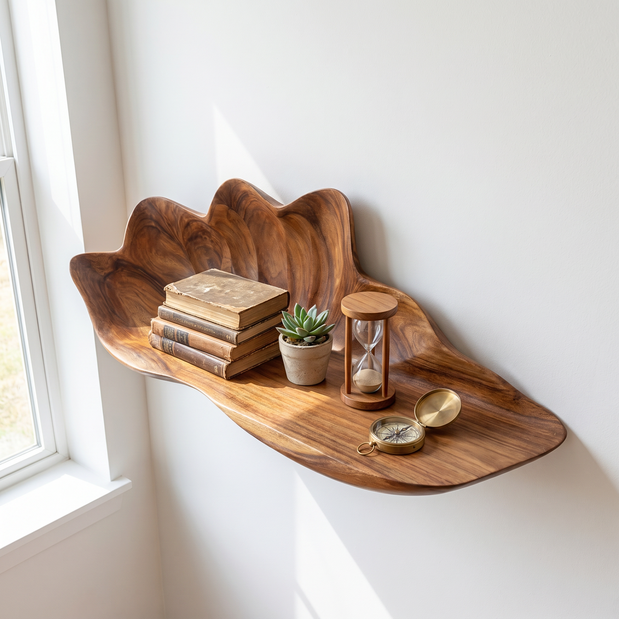 Handcrafted Solid Wood Flower Petal Wall Shelf for Books and Decor
