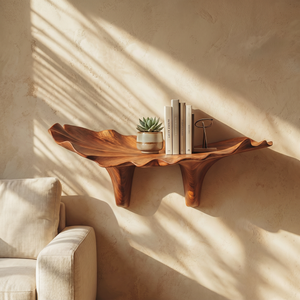 Handcrafted Solid Wood Floating Leaf Wall Shelf with Organic Curved Form