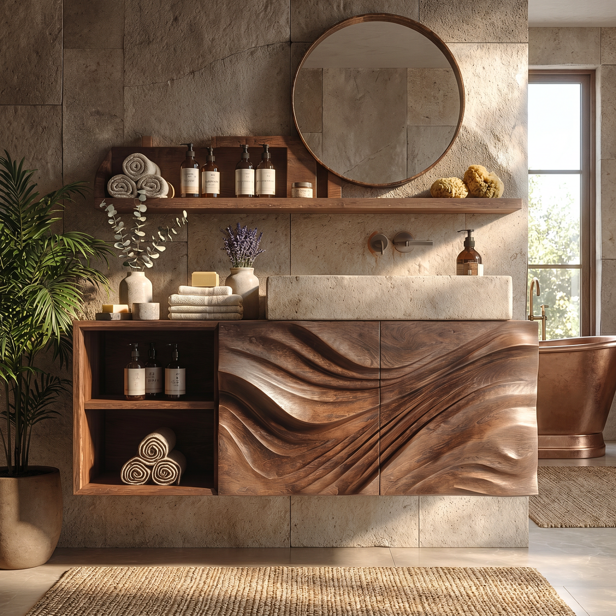 Flow Carved Solid Wood Floating Vanity Cabinet with Organic Wave Texture