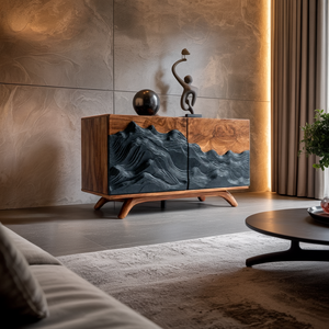 Solid Wood Sideboard with Sculpted Wave Relief Doors
