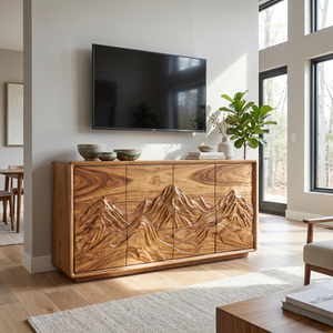 Natural Solid Wood Sideboard with Carved Mountain Landscape