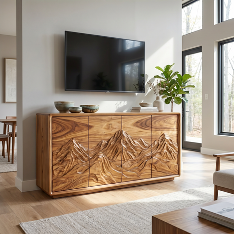Sideboard Solid Wood with Carved Mountain Landscape for Dining Room