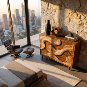 Solid Wood Sideboard with Abstract Sculptural Relief Doors for Modern Interiors