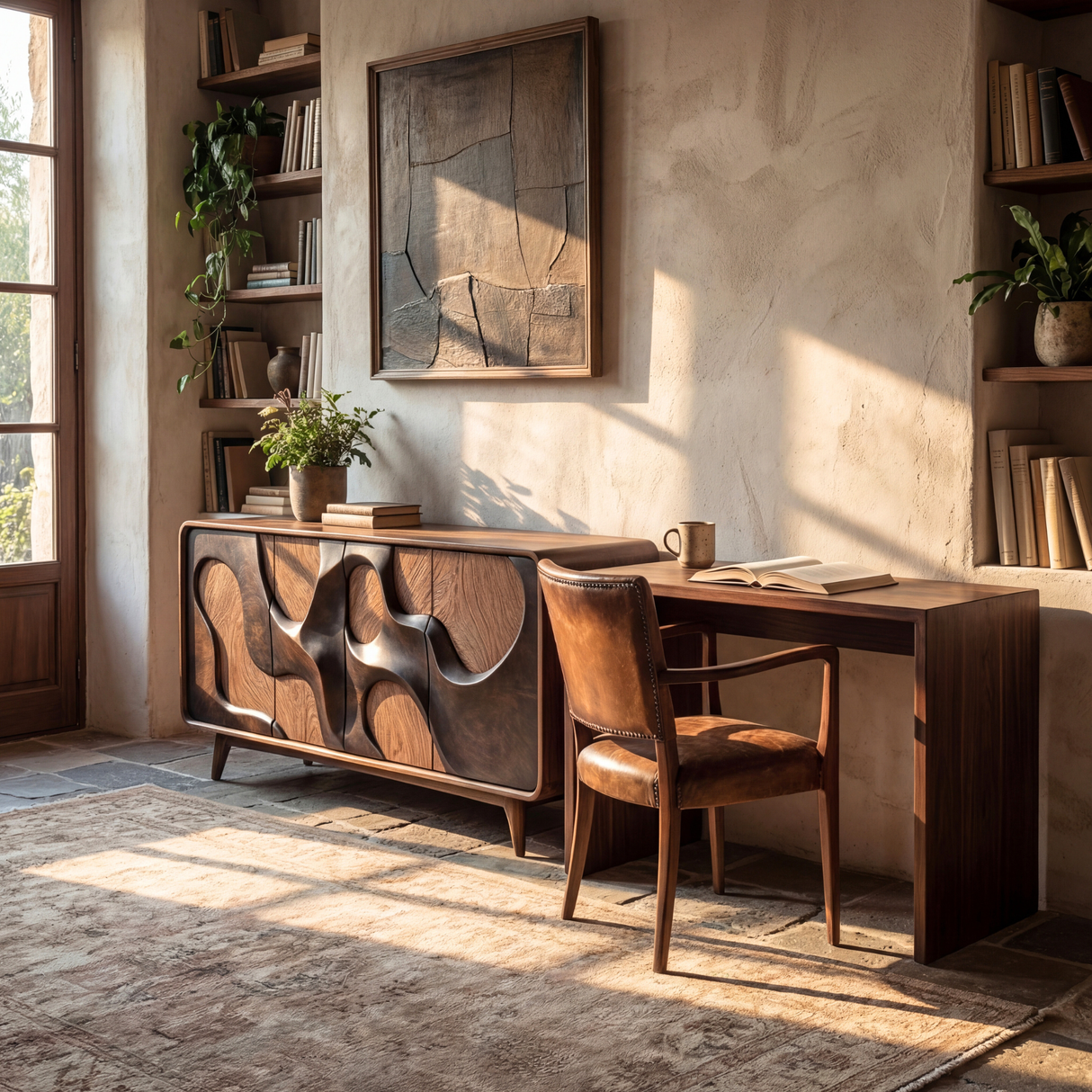 Organic Relief Front Sideboard in Carved Solid Wood for Living and Dining