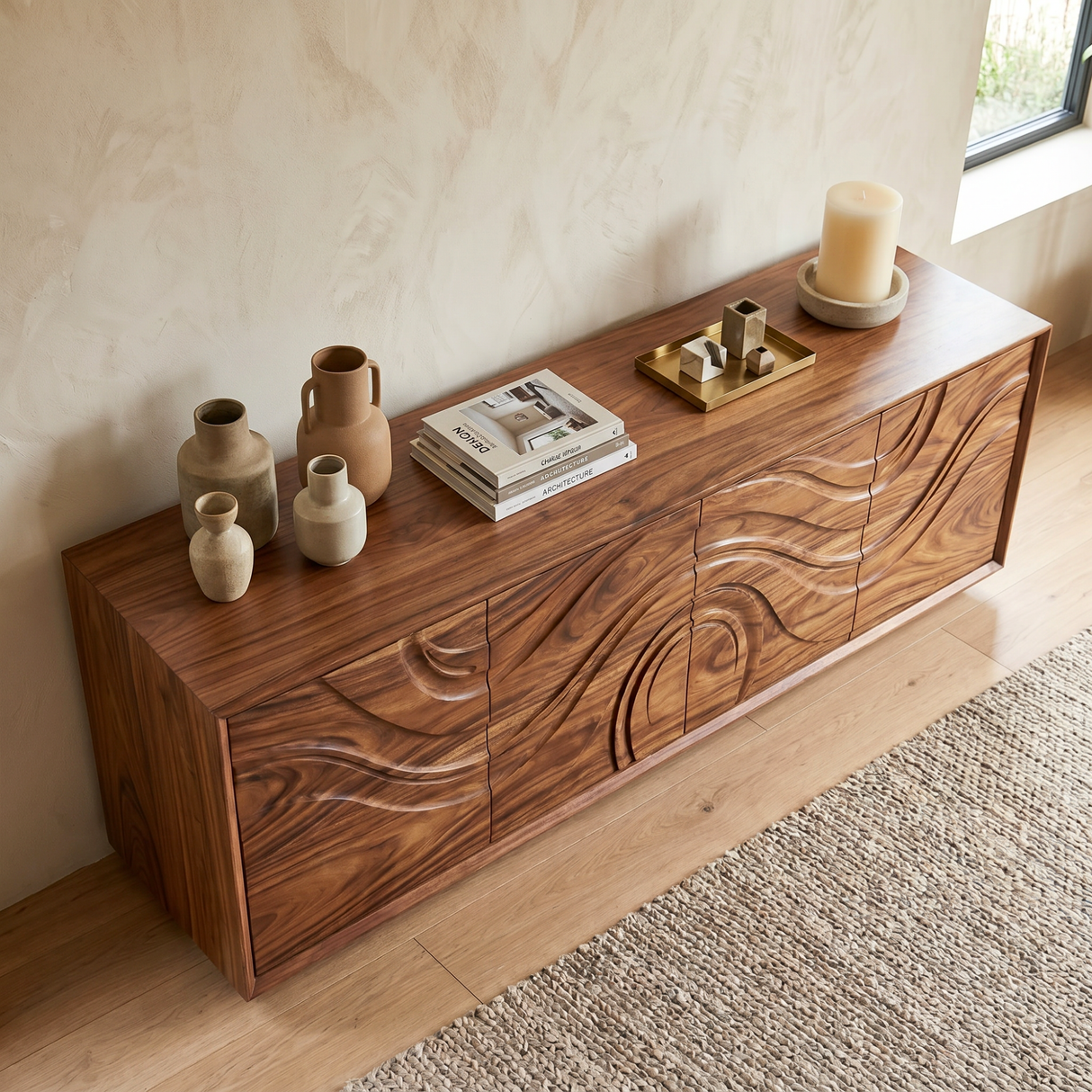 TV Console Sideboard Solid Wood with Wave Carved Cabinet Storage
