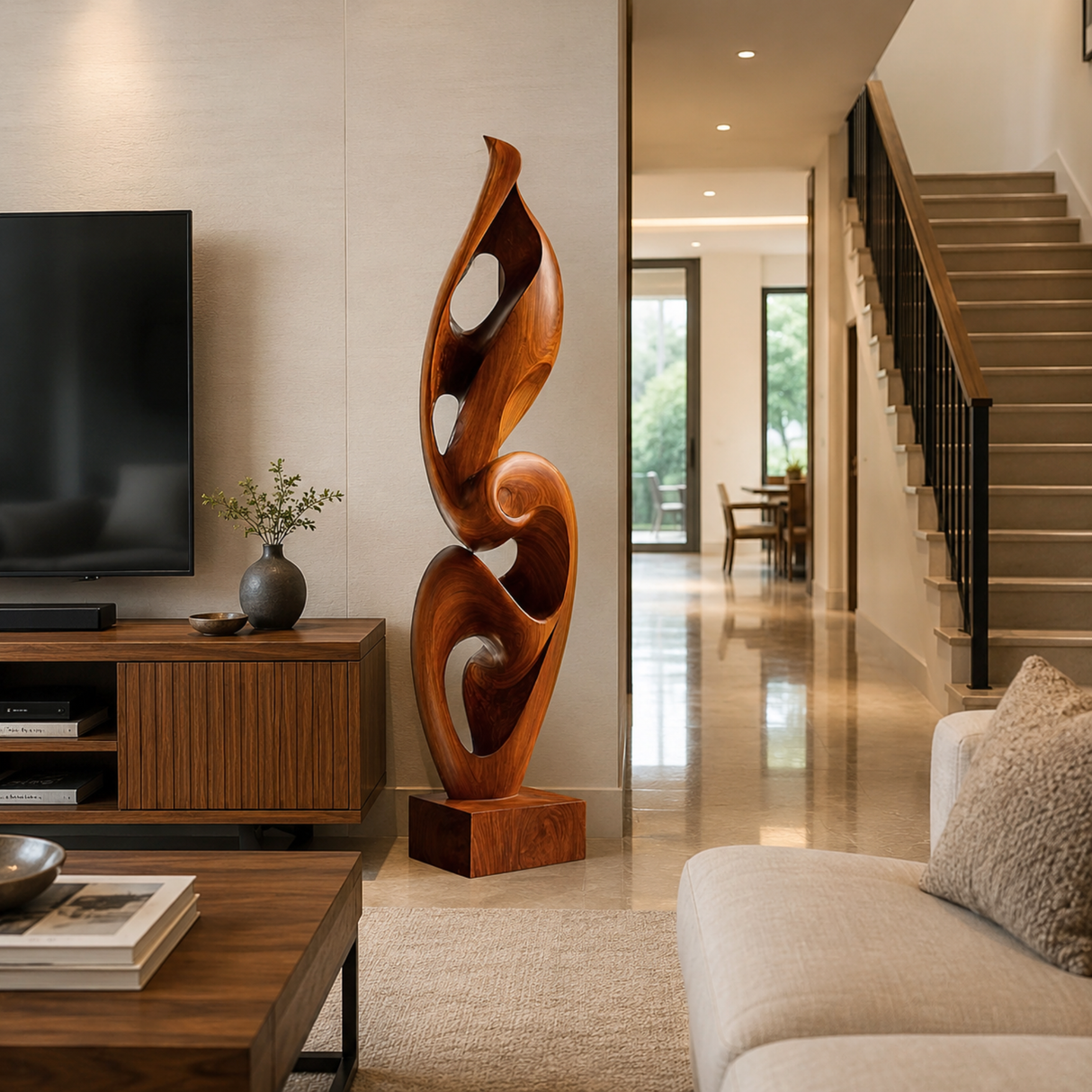 Handcrafted Solid Wood Ascending Spiral Floor Sculpture with Open Carved Form