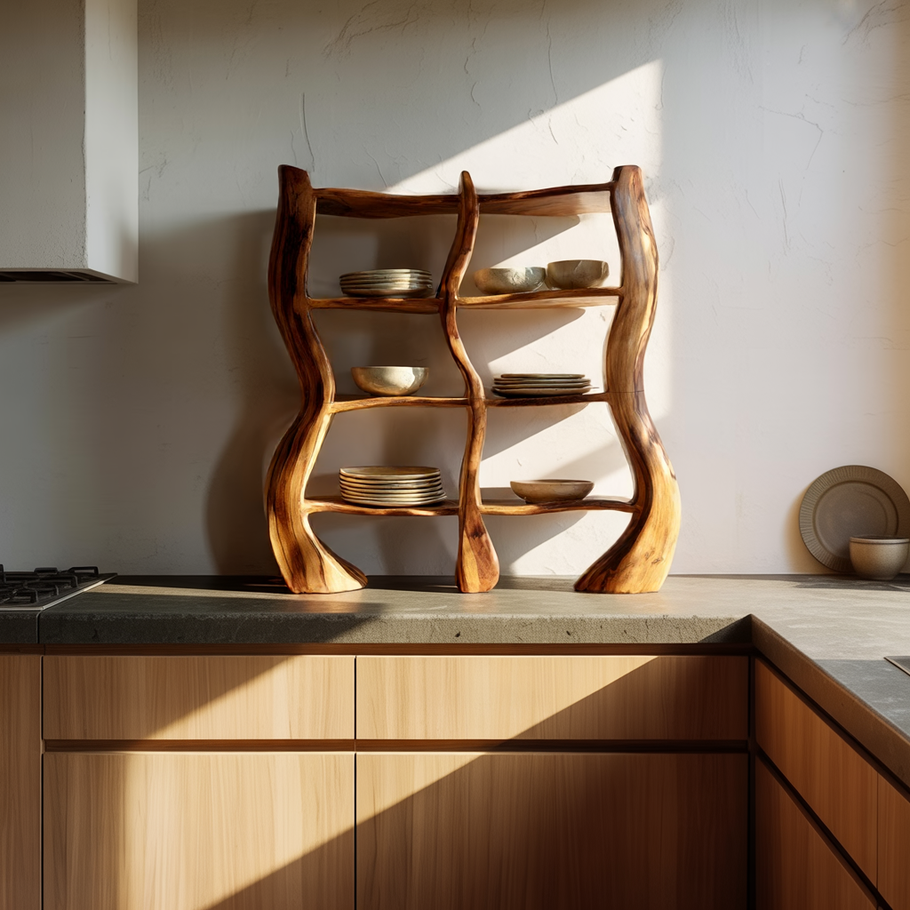 Organic Curved Solid Wood Display Shelf for Modern Homes