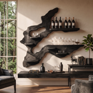 Asymmetrical Root Sculpture Solid Wood Wall Wine Rack with Display Shelves
