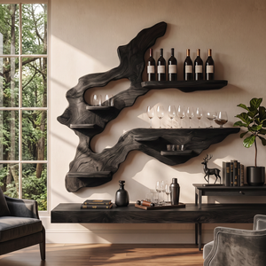 Asymmetrical Root Sculpture Solid Wood Wall Wine Rack with Display Shelves