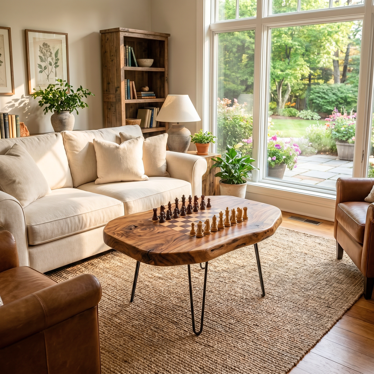Live Edge Solid Wood Chess Coffee Table with Built In Game Board