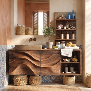 Sculptural Solid Wood Bathroom Vanity Cabinet with Carved Wave Front