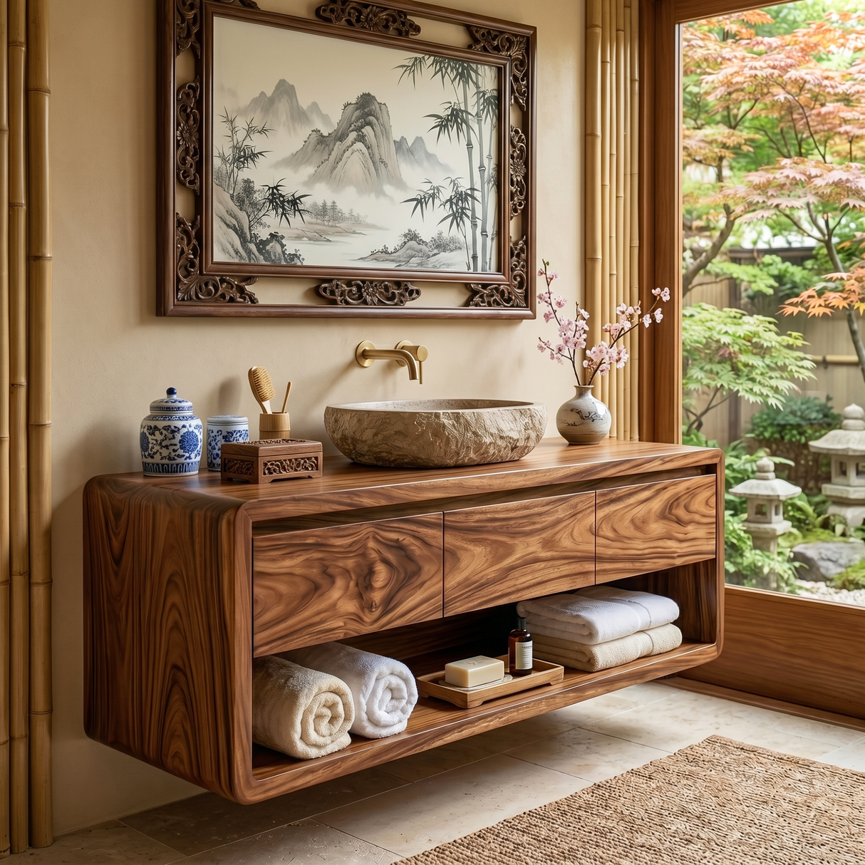 Floating Solid Wood Bathroom Cabinet Vanity with Rounded Modern Form