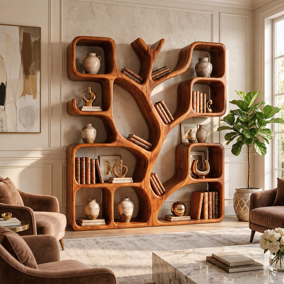 Handcrafted Solid Wood Tree Bookshelf with Organic Open Display Shelves