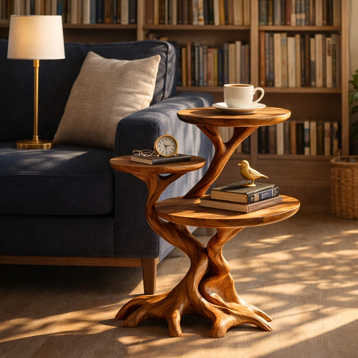 Root Form Three Level Wood Accent Table with Sculptural Branch Base