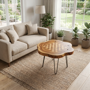 Handcrafted Live Edge Solid Wood Chess Coffee Table with Hairpin Legs