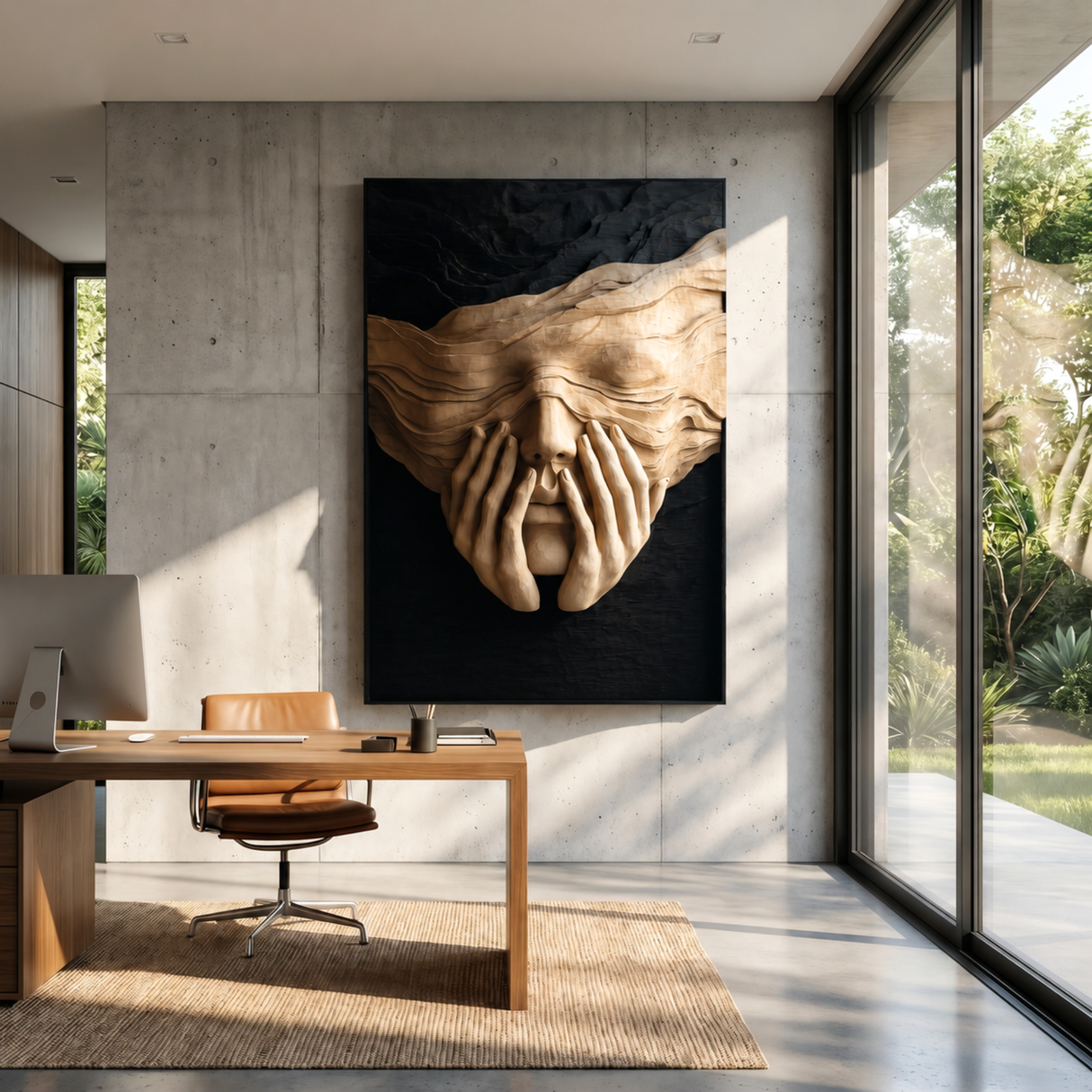 Sculptural Wood Wall Art with Veiled Face and Hands