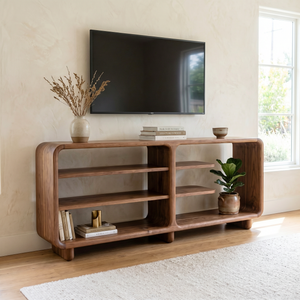 Solid Wood Rounded Console Sideboard with Open Display Shelves