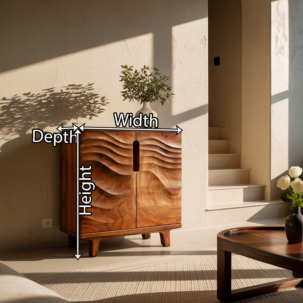 Hand-Carved Solid Wood Cabinet with Wave Front Design