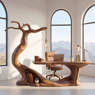 Sculptural Solid Wood Desk with Integrated Hanging Lamp and Open Shelf, Organic Writing Table, Artistic Reading Workspace