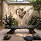 Sculptural Solid Wood Garden Bench with Organic Branch Backrest for Outdoor Patio