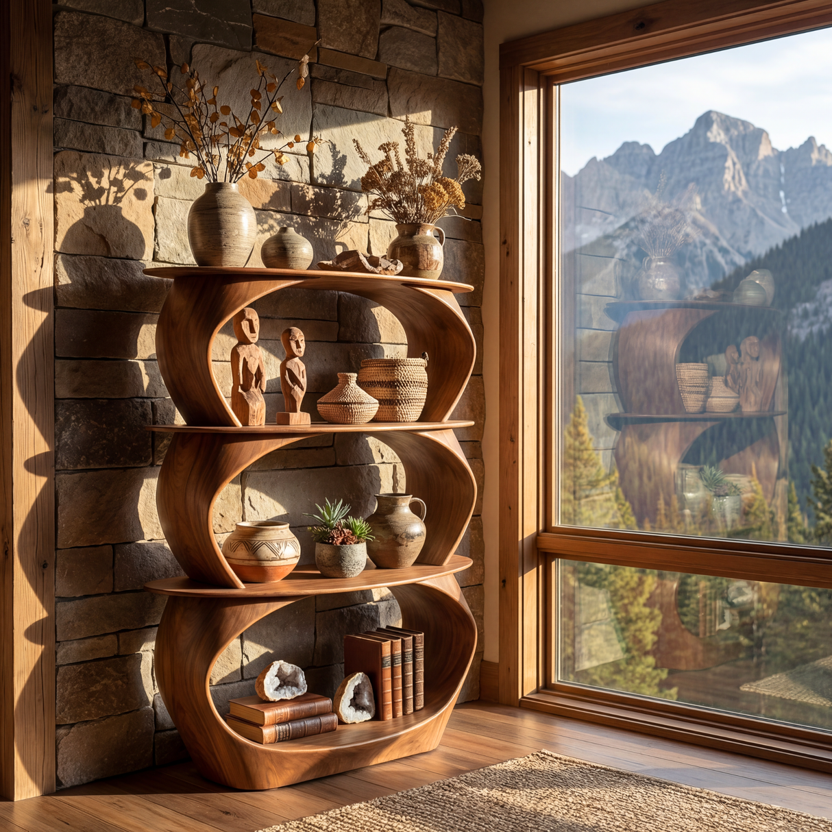 Stacked Loop Wood Display Shelf with Three Tier Open Shelving