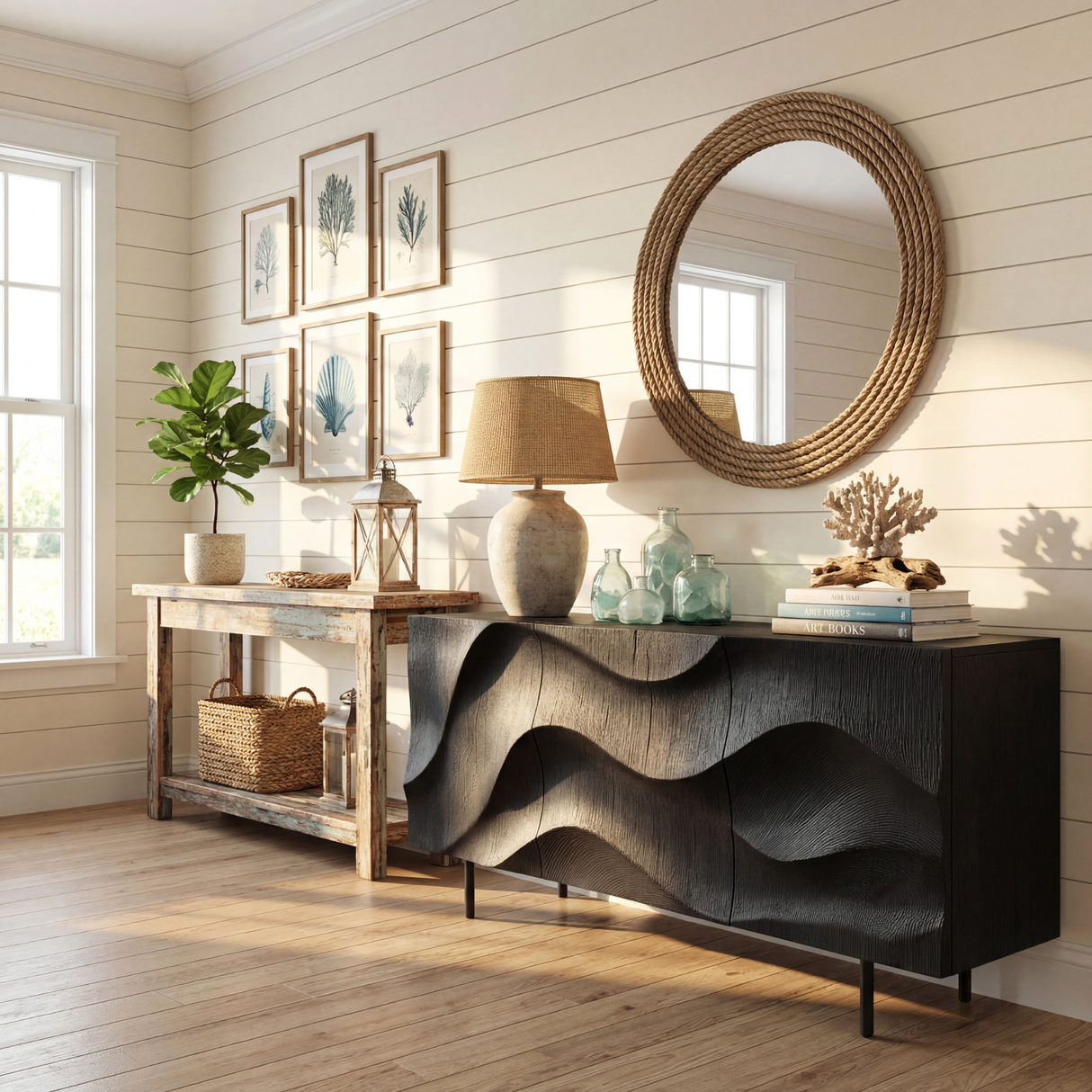 Black Sculpted Wave Front Sideboard Cabinet for Modern Living and Dining