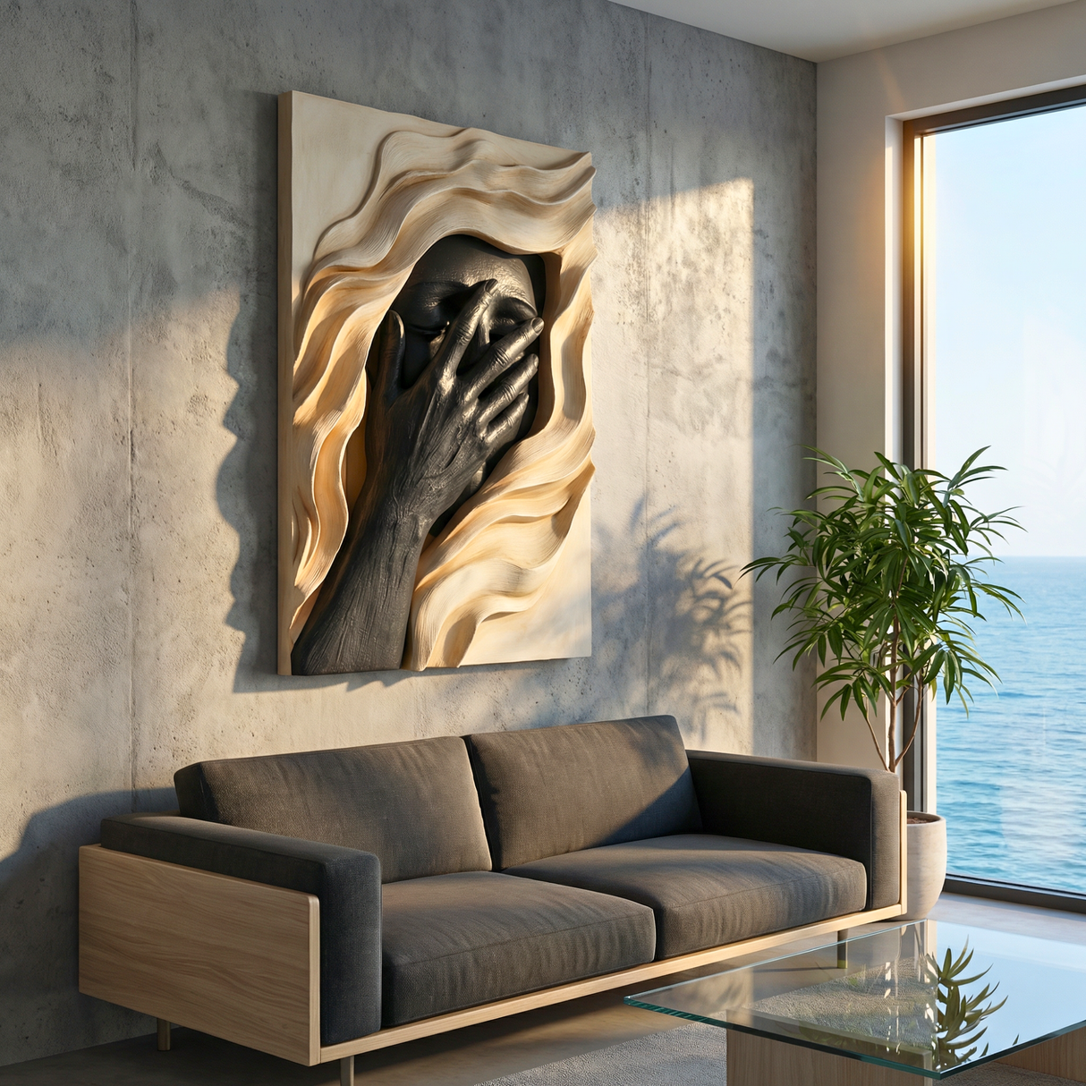 Handcrafted Solid Wood Face Wall Sculpture with Black Relief Hand and Flowing Layers
