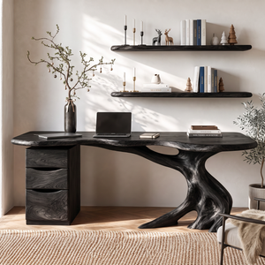 Live Edge Solid Wood Desk with Sculptural Tree Base and Three Drawer Storage