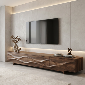 Solid Wood TV Console with Flowing Wave Carved Doors