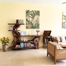 Sculptural Solid Wood Console Table with Organic Form and Tiered Display Shelves Artistic Freeform Console Table