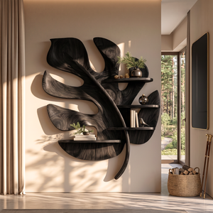 Tropical Leaf Solid Wood Wall Shelf with Sculptural Branch Display Design