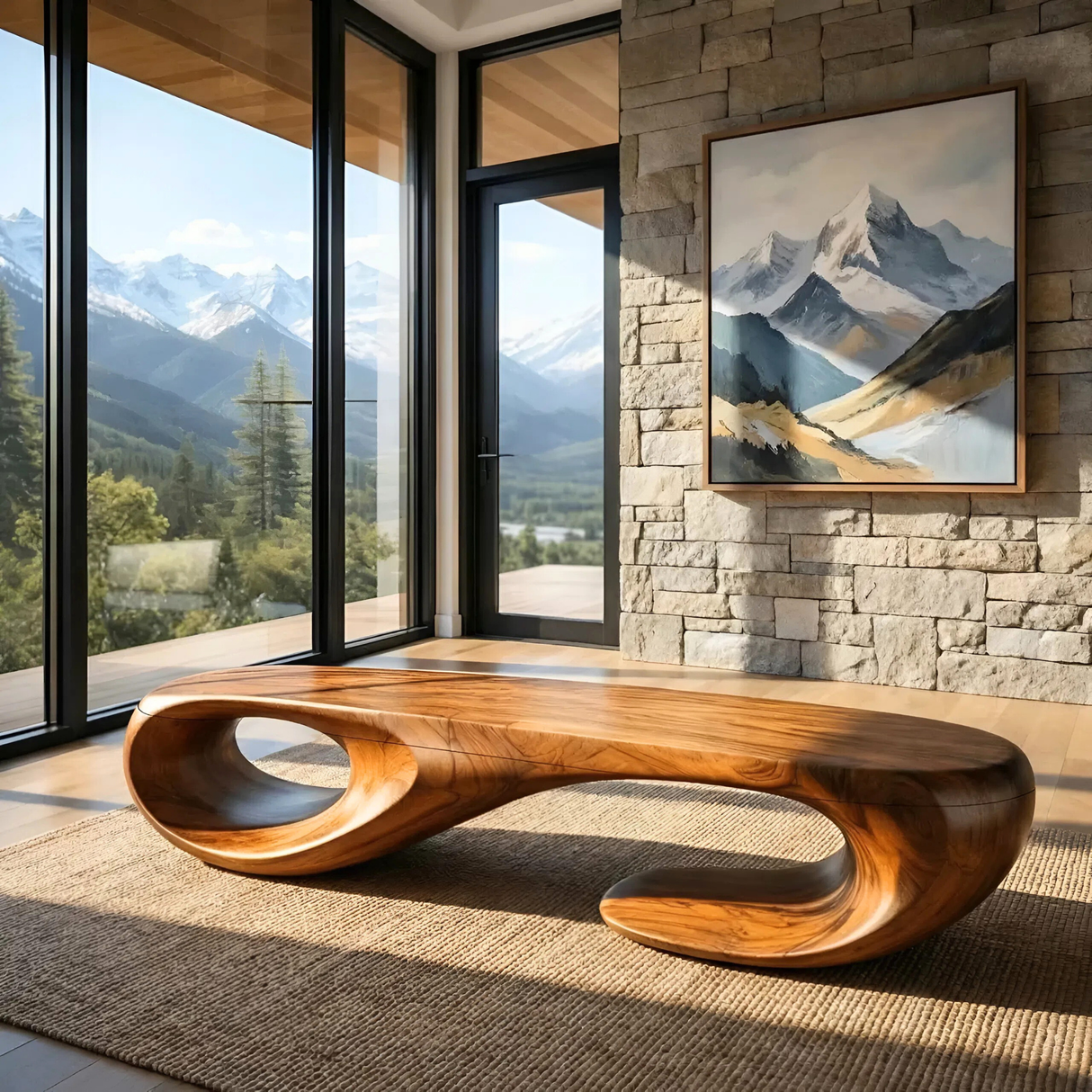 Organic Solid Wood Bench with Sculptural Double Loop Base for Modern Interiors