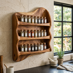 Handcrafted Solid Wood Wall-Mounted Spice Shelf with Wavy Side Frame