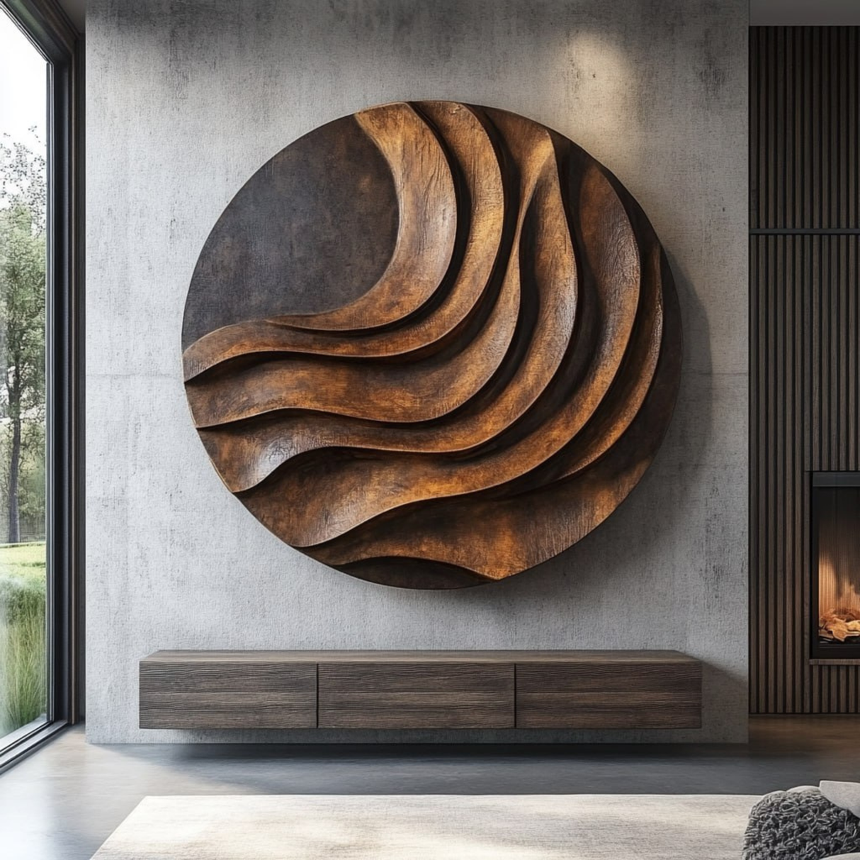 Handcrafted Solid Wood Wall Sculpture with Layered Curved Relief and Round Statement Form