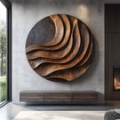 Handcrafted Solid Wood Wall Sculpture with Layered Curved Relief and Round Statement Form