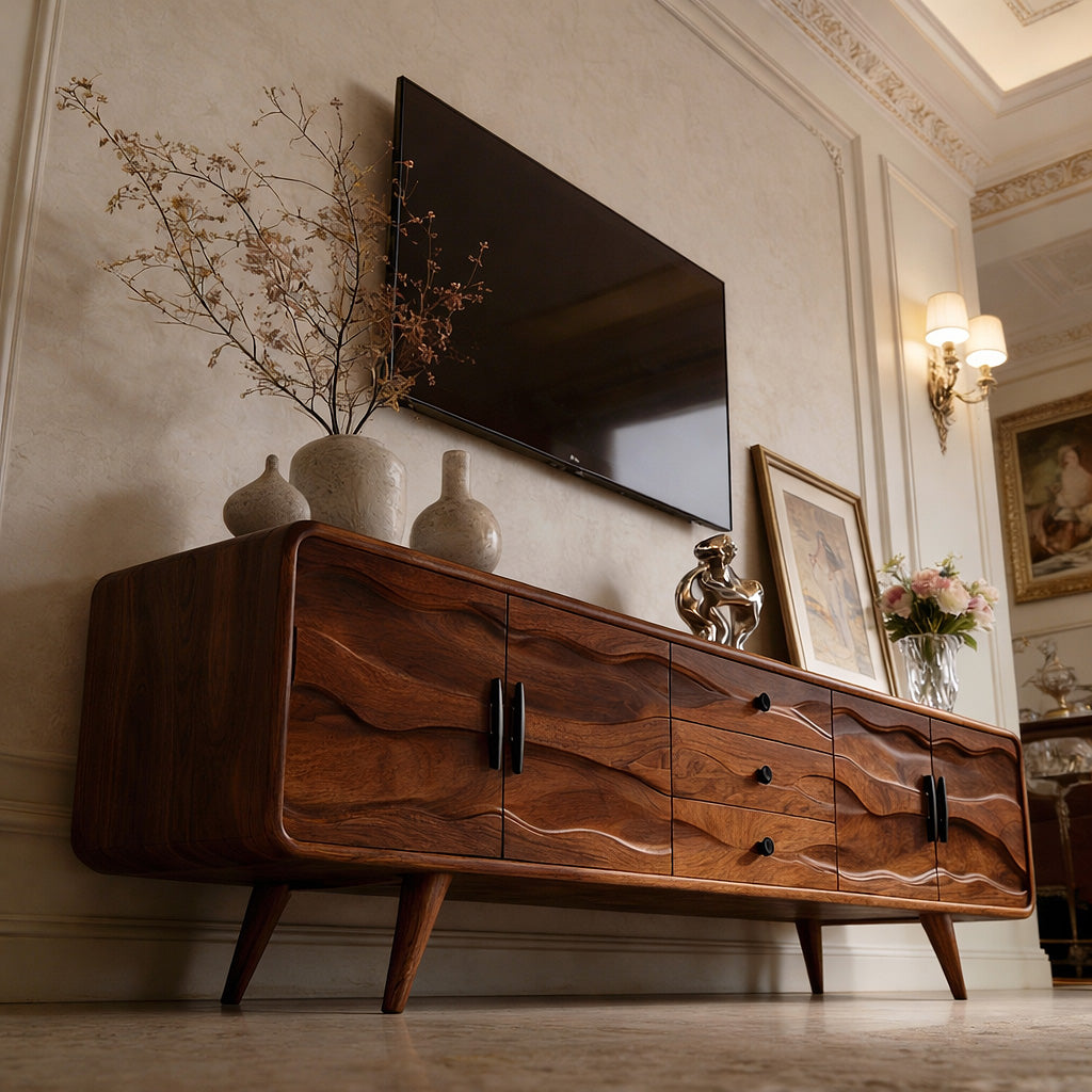 Organic Solid Wood TV Cabinet with Wave Carved Doors