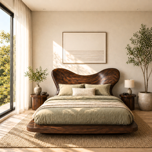 Sculptural Solid Wood Platform Bed with Organic Curved Headboard for Bedroom