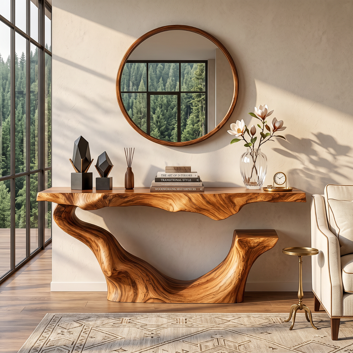 Organic Solid Wood Console Table with Sculptural Floating Curve Base