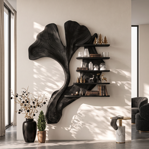 Ginkgo Leaf Solid Wood Wall Shelf with Sculptural Tiered Display Design