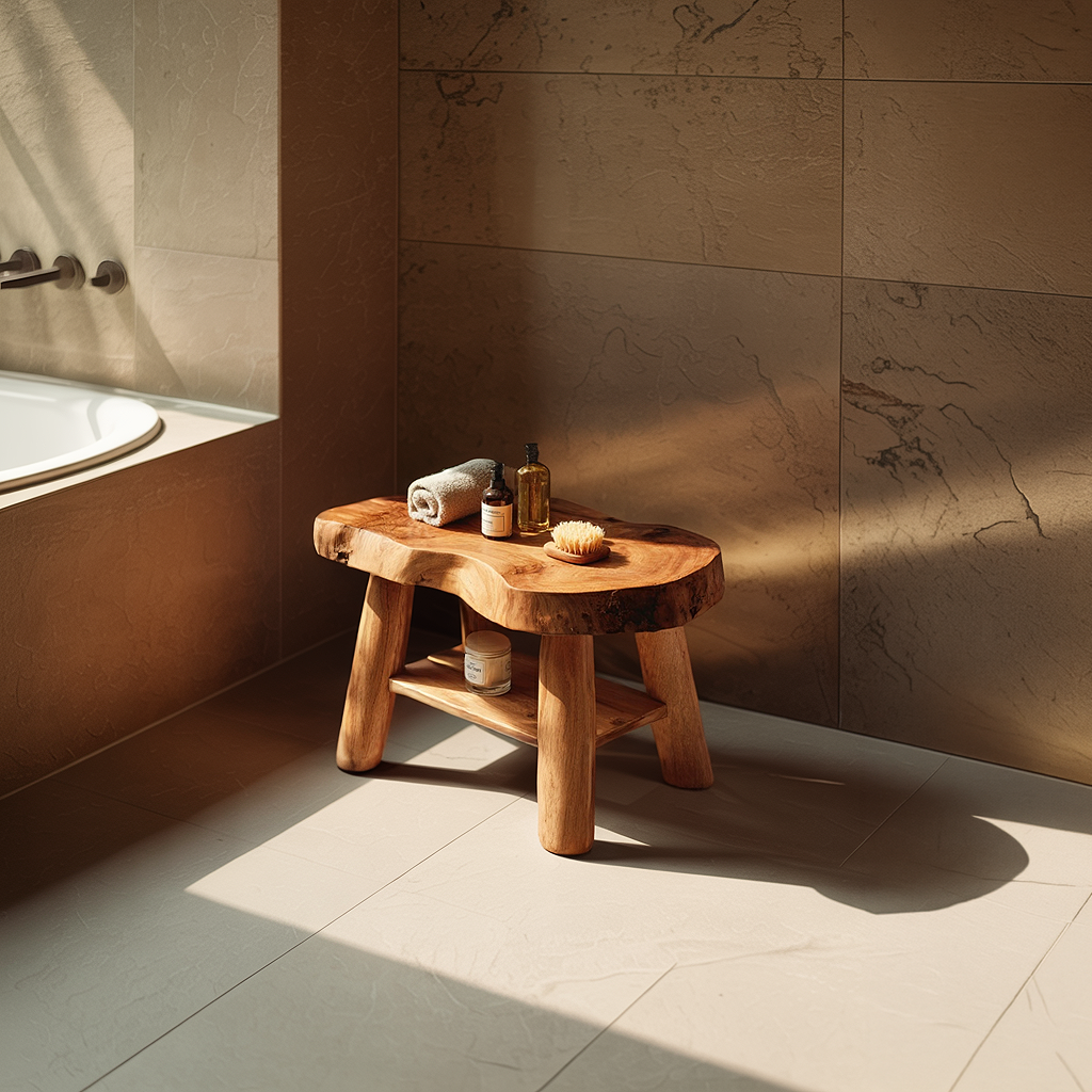 Rustic Solid Wood Shower Bench with Live Edge Top