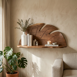 Hand Carved Solid Wood Monstera Leaf Wall Shelf for Decorative Display