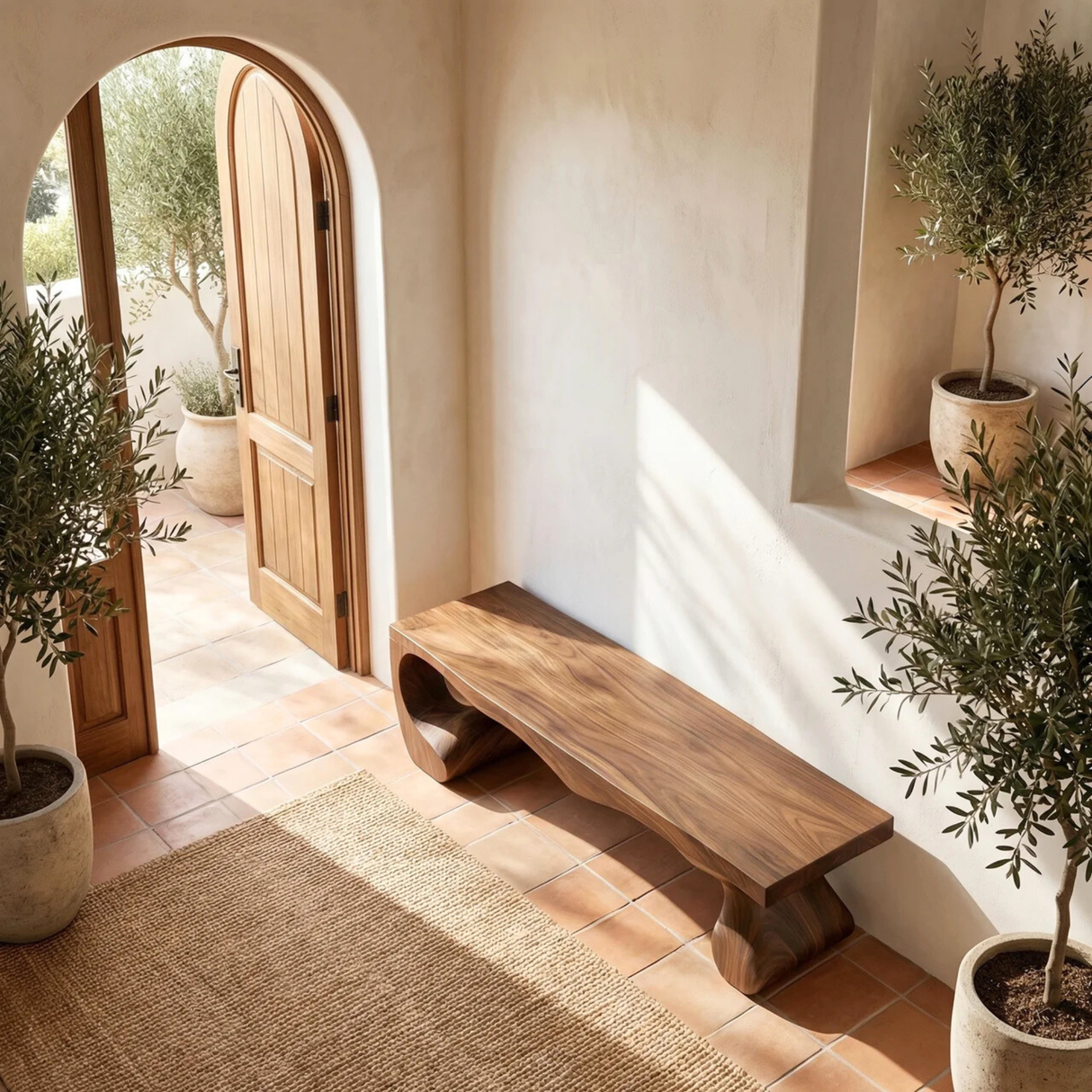 Organic Solid Wood Entryway Bench with Sculptural Open Base for Modern Mediterranean Interiors