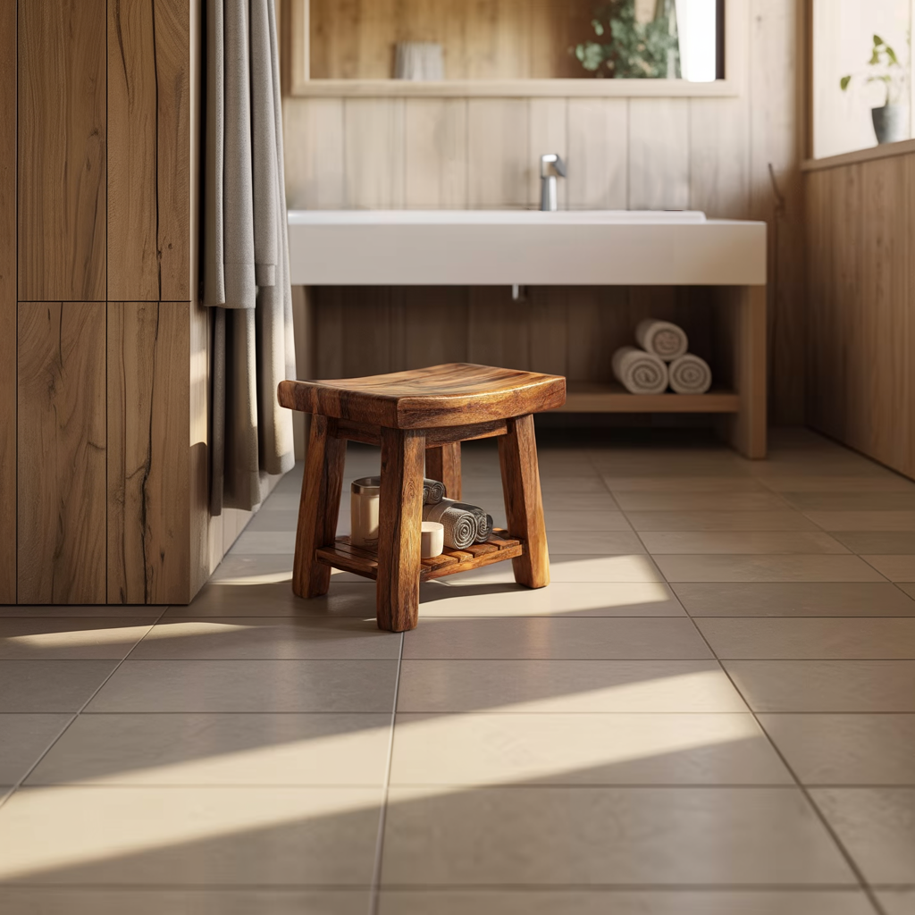 Compact Solid Wood Bath Stool with Lower Shelf