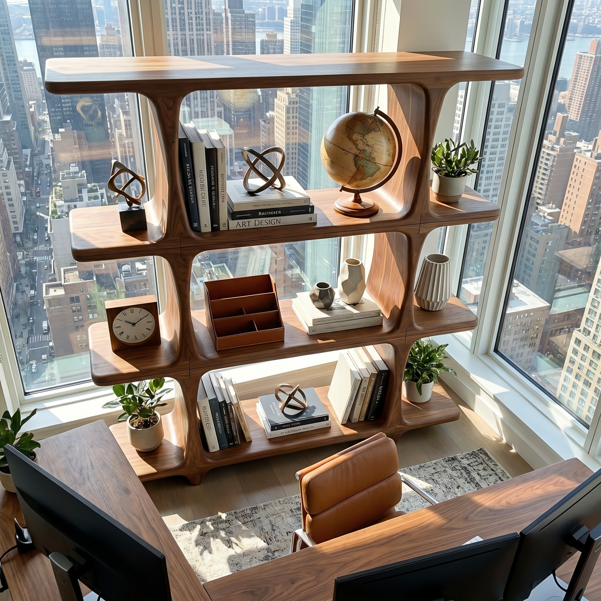 Handcrafted Solid Wood Open Bookshelf with Sculptural Frame