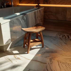 Solid Wood Shower Bench with Curved Seat and Shelf