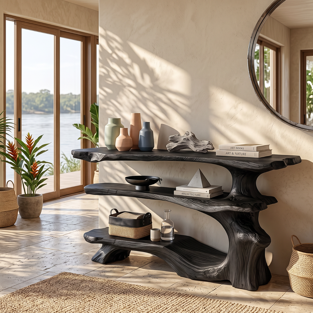 Organic Solid Wood Console Table with Three Tier Sculptural Shelves