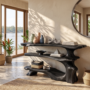 Organic Solid Wood Console Table with Three Tier Sculptural Shelves