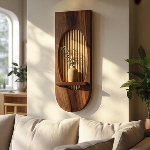 Oval Solid Wood Wall Panel with Slatted Backdrop & Floating Shelf