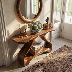 Organic Solid Wood Console Table with Sculptural Shelf Base