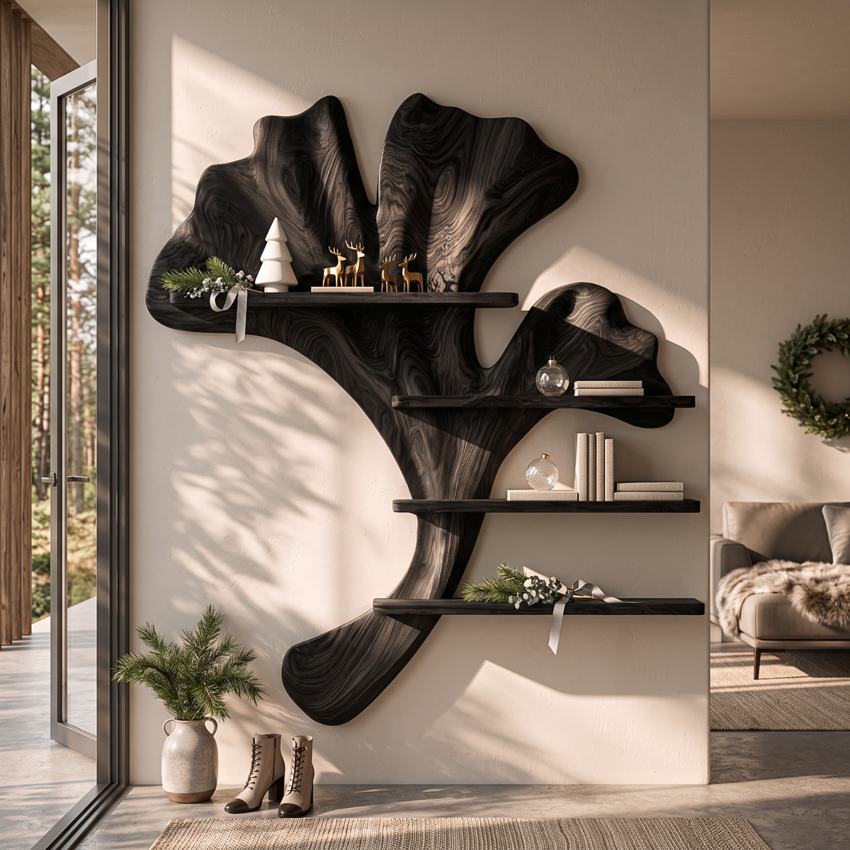 Ginkgo Leaf Solid Wood Wall Shelf with Sculptural Branch Display Design